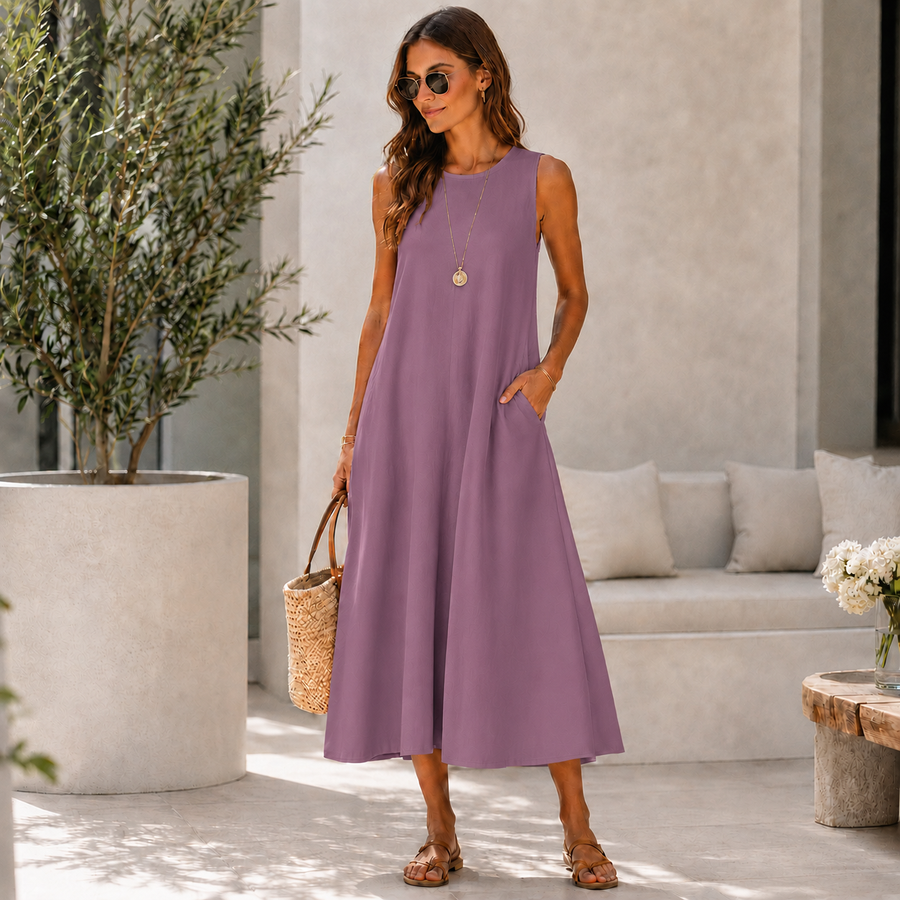 Lucy™ - Lange Casual Zomerjurk met zakken in Roze Rood