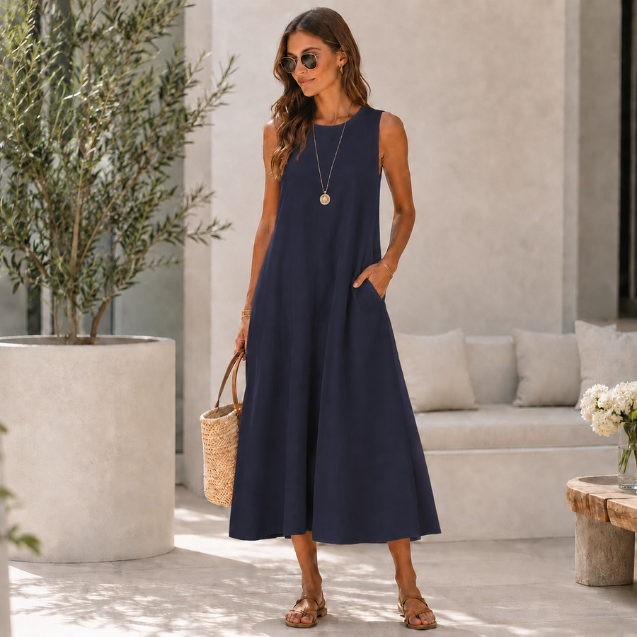 Lucy™ - Lange Casual Zomerjurk met zakken in Navy Blauw