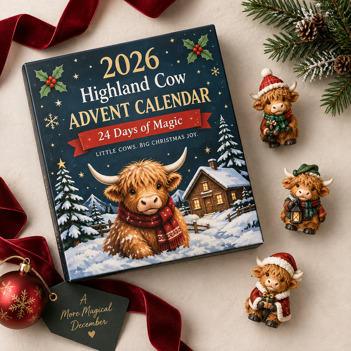 Highland Cow™ Adventskalender 2026 – 24 Dagen Kerstplezier
